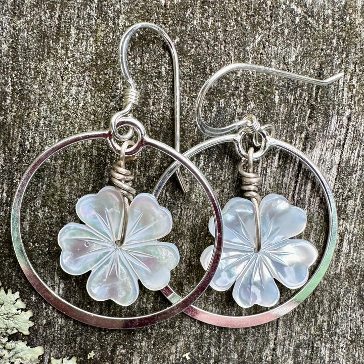 Carved mother of pearl flower earrings