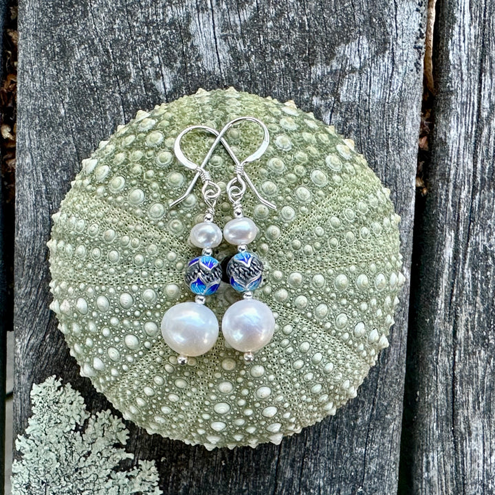 Freshwater pearl & enamel earrings