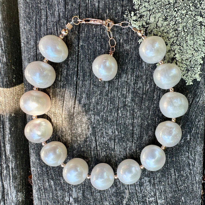 Large white freshwater pearl and rose gold fill bracelet