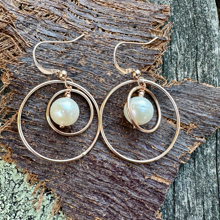 White freshwater pearl double hoop earrings