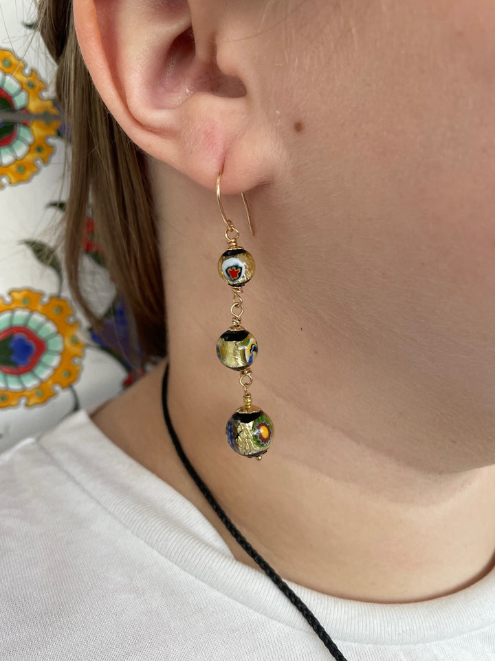 3 tier Venetian foil millefiore earrings