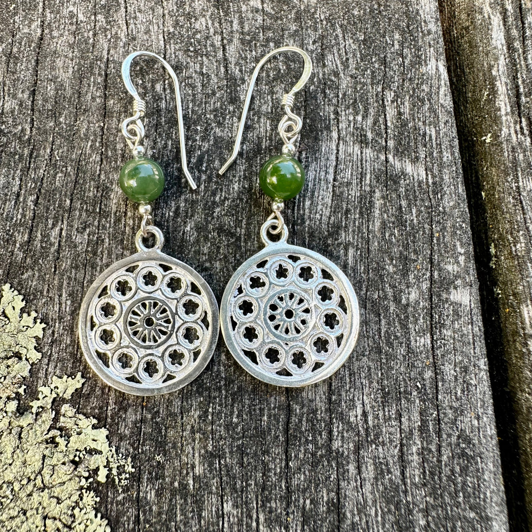 Sterling Silver Rose Window & NZ Greenstone Earrings