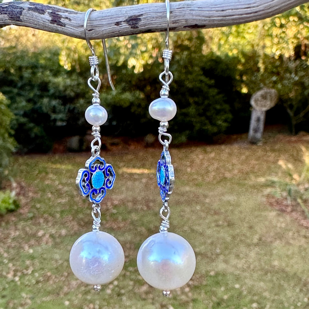 3 tier white freshwater pearl and enamel earrings