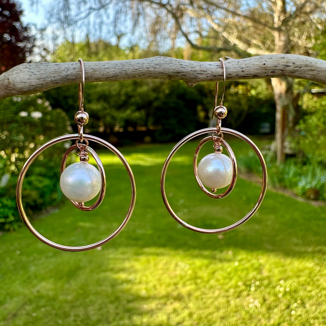 White freshwater pearl double hoop earrings