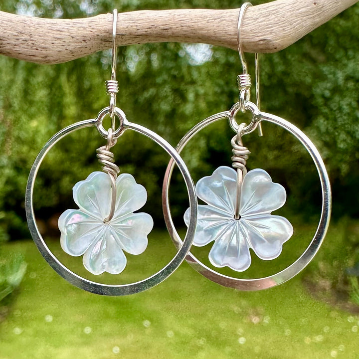 Carved mother of pearl flower earrings