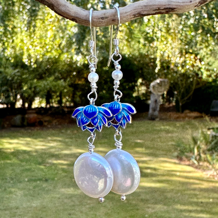 White coin pearl and enamel earrings