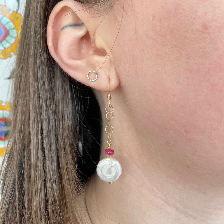 White coin pearl and ruby earrings