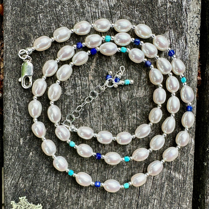 White rice pearl necklace with turquoise & lapis lazuli