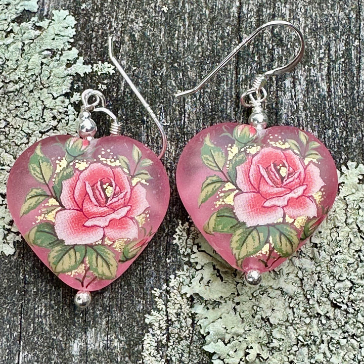 Pink Japanese decal heart earrings