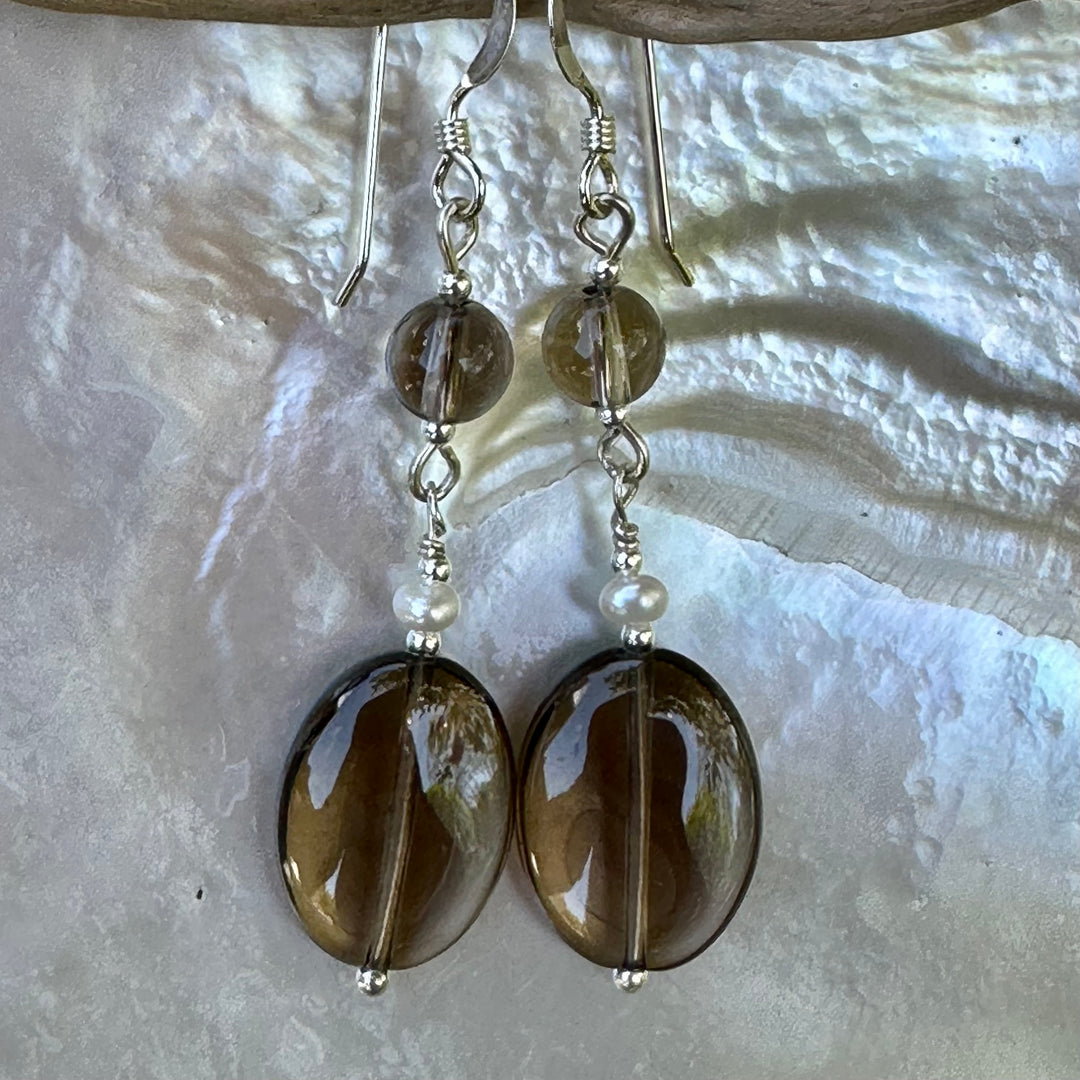 Two tier smoky quartz , freshwater pearl and sterling earrings