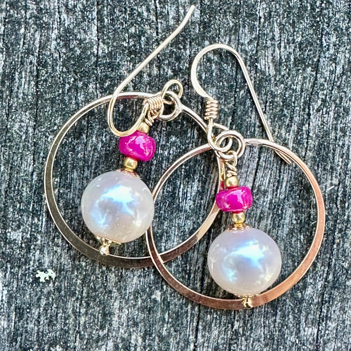 Ruby and freshwater pearl earrings