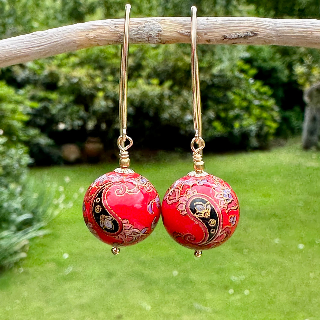 Large red paisley Japanese decal earrings