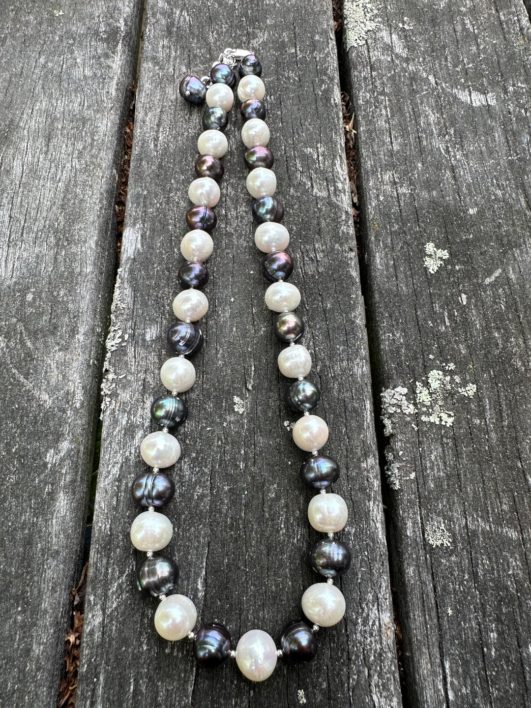 Large white and peacock freshwater pearl necklace