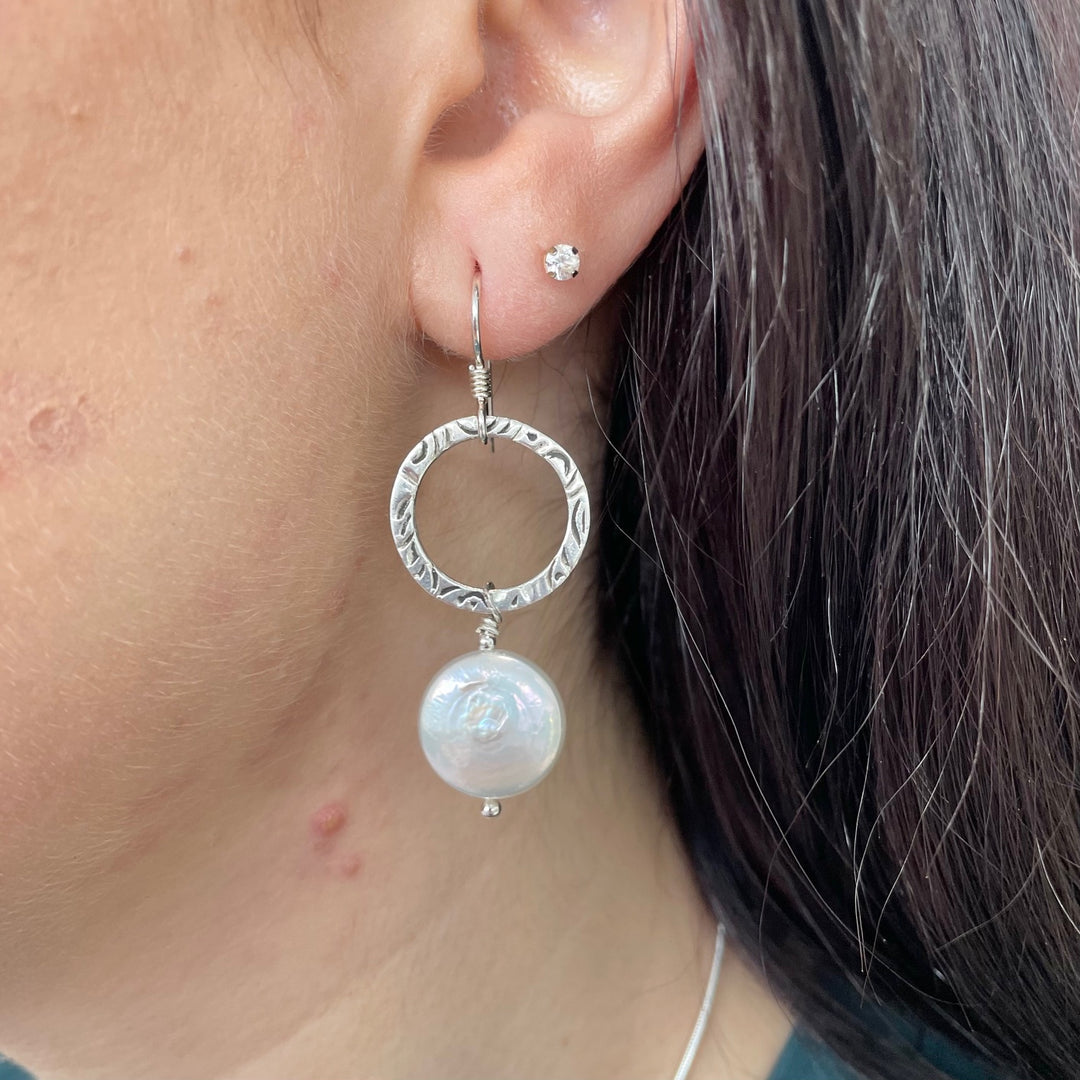 White freshwater coin pearl earrings