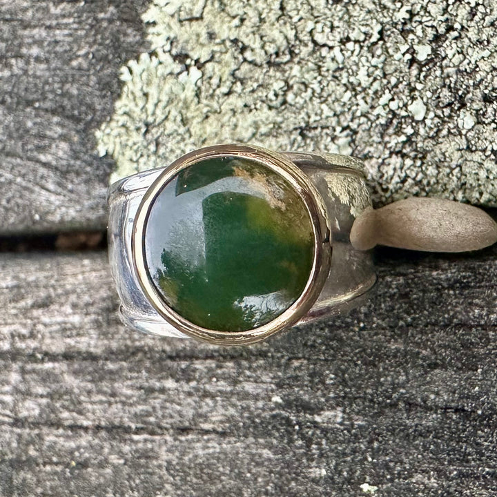 New Zealand Greenstone & Sterling Silver Bella Ring with 9ct Gold