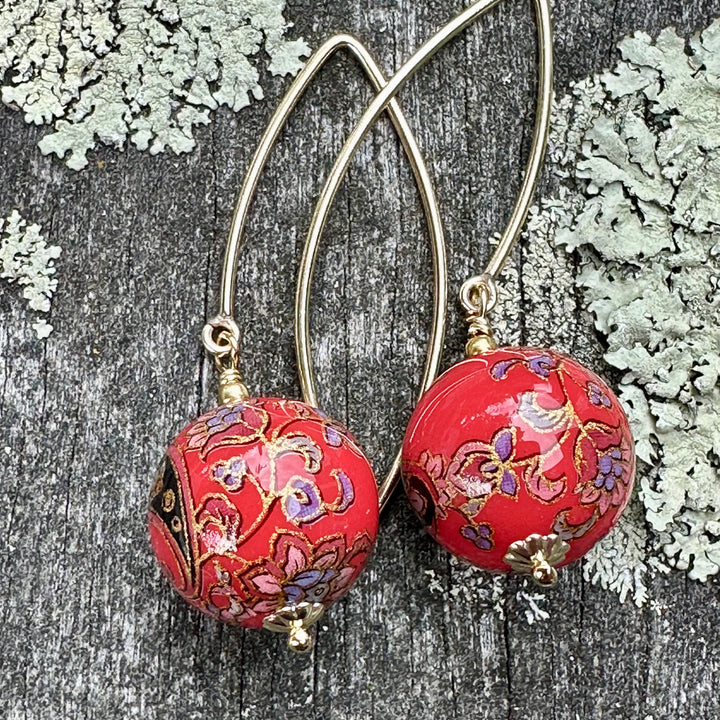 Large red paisley Japanese decal earrings