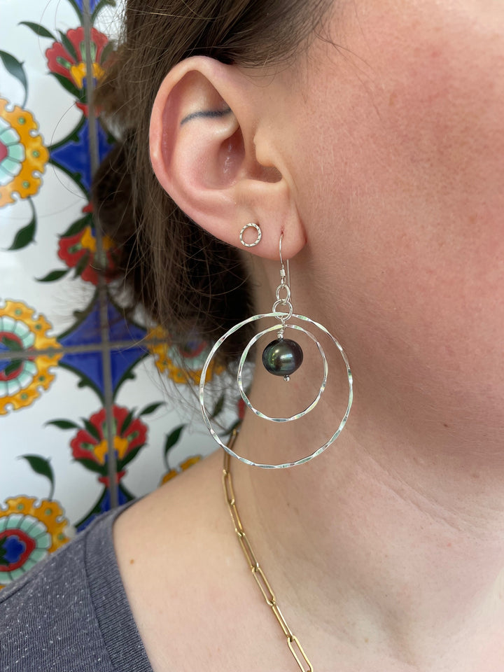 Peacock freshwater pearls in double hoop earrings