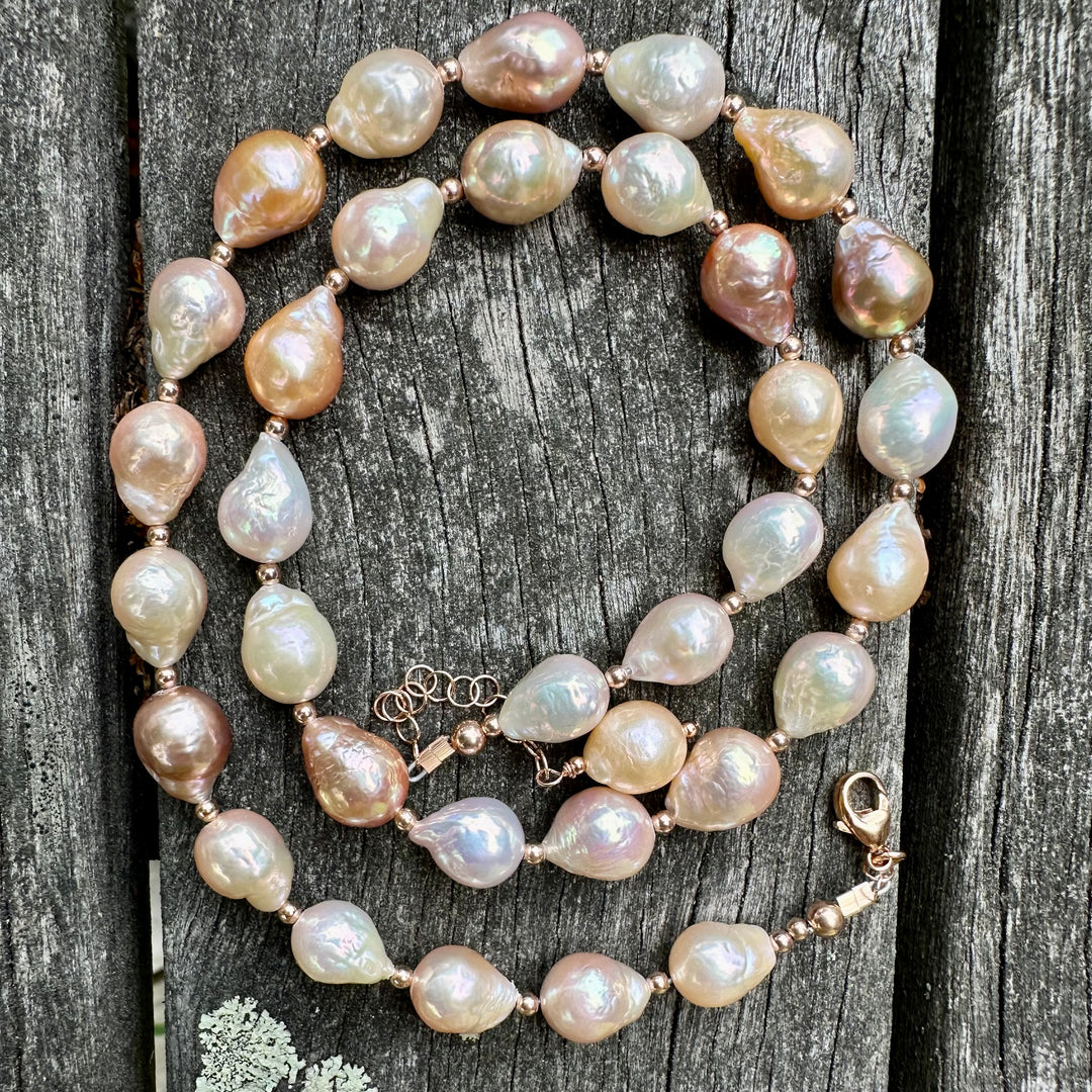 Pink, cream apricot pearl necklace