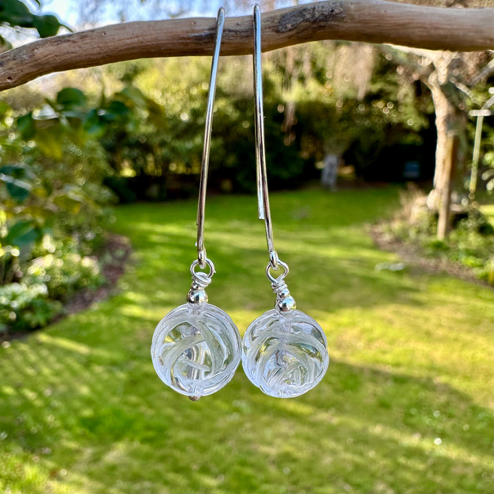 Carved rock crystal rose earrings