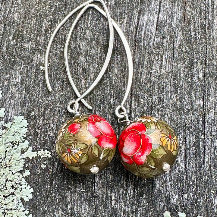 Large red flower Japanese decal earrings