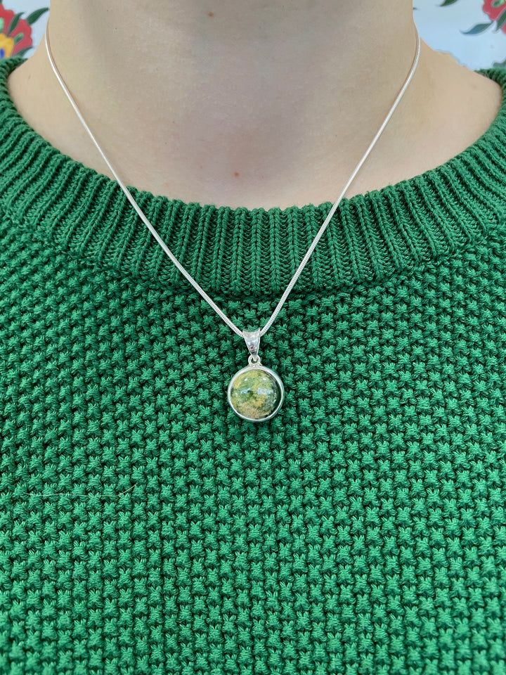 12mm Round NZ Greenstone & Sterling Silver Pendant