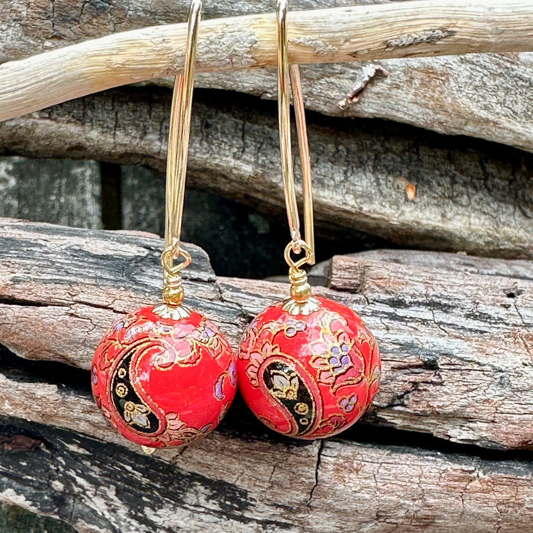 Large red paisley Japanese decal earrings