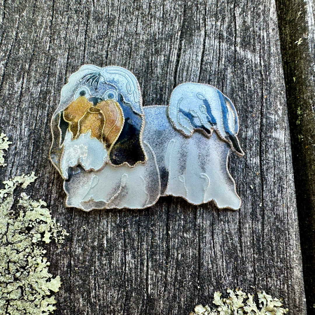 Vintage enamel and sterling shih tzu brooch