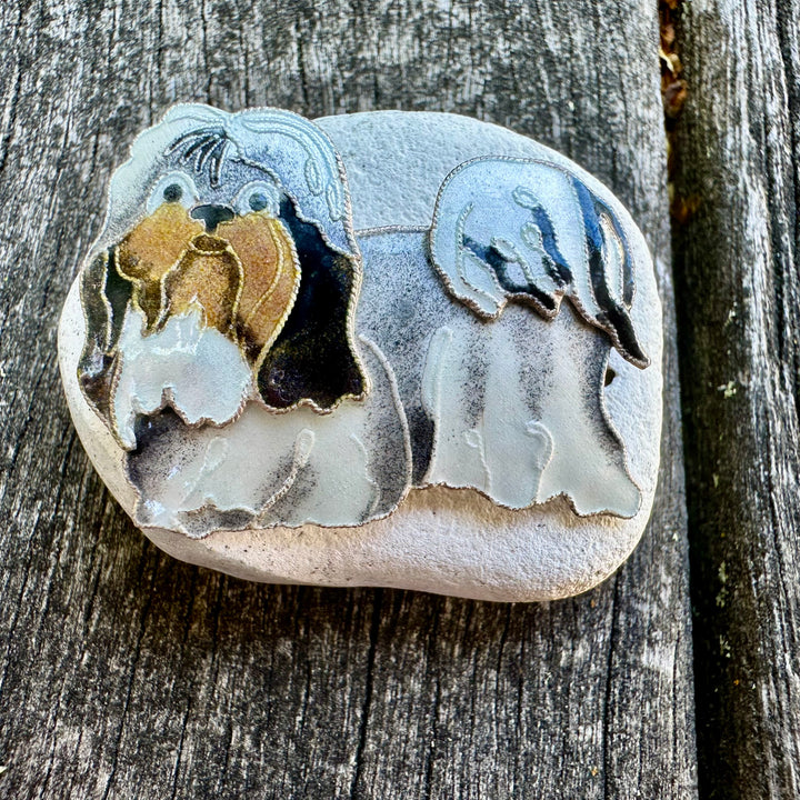 Vintage enamel and sterling shih tzu brooch