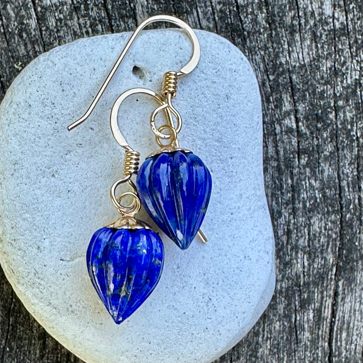 Carved lapis lazuli lantern earrings