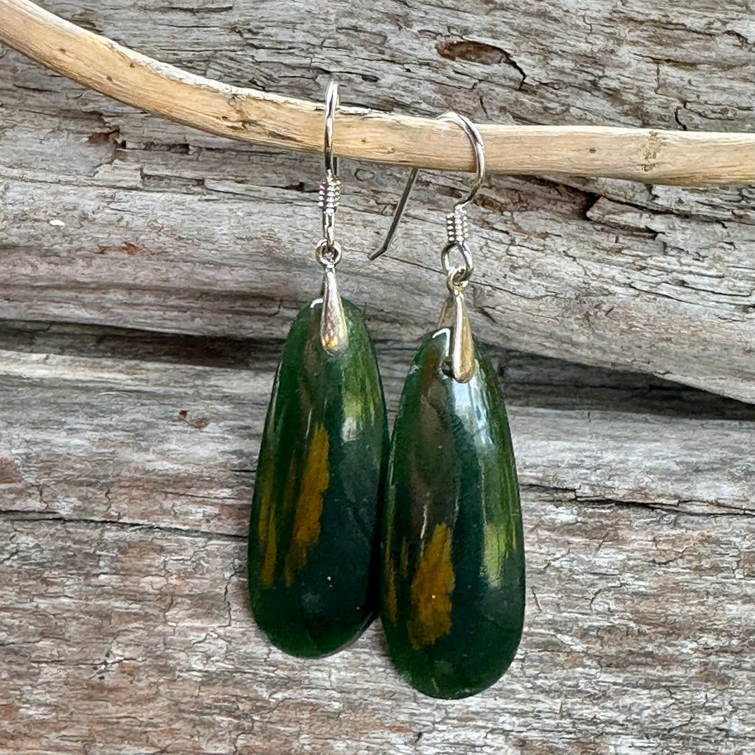 Dark New Zealand greenstone matched earrings