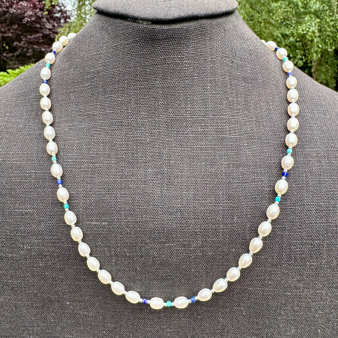 White rice pearl necklace with turquoise & lapis lazuli