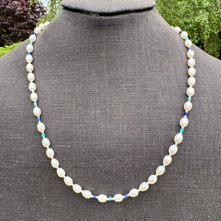 White rice pearl necklace with turquoise & lapis lazuli