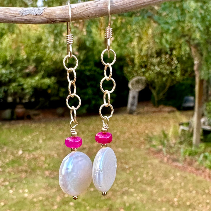 White coin pearl and ruby earrings