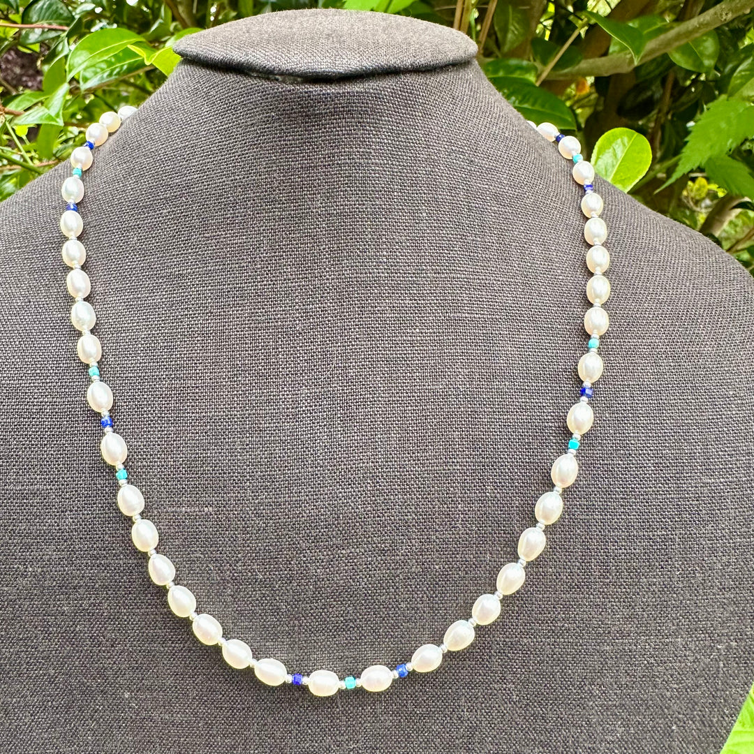 White rice pearl necklace with turquoise & lapis lazuli