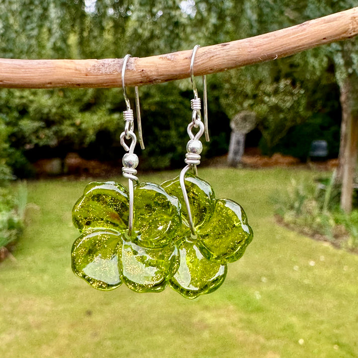 Bright green glass flower earrings