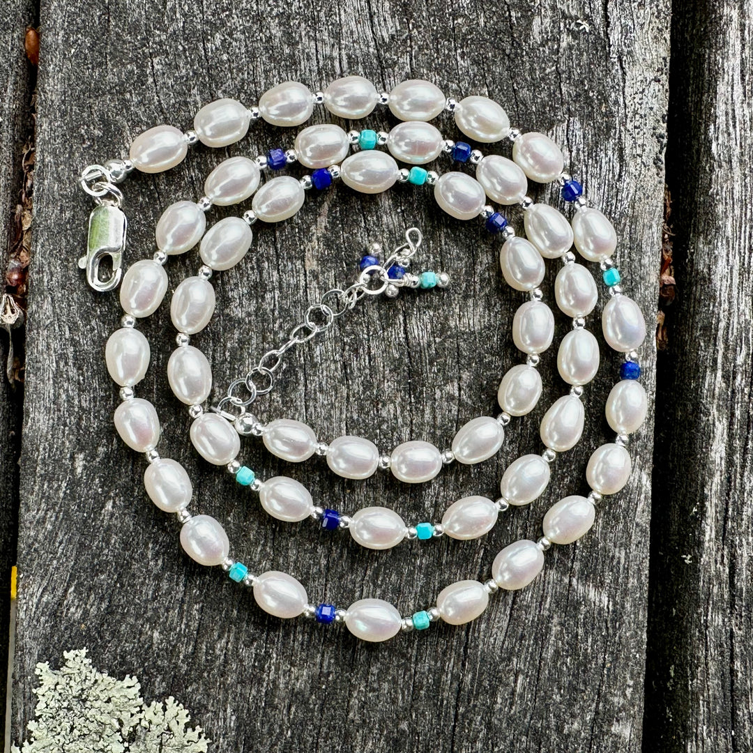 White rice pearl necklace with turquoise & lapis lazuli