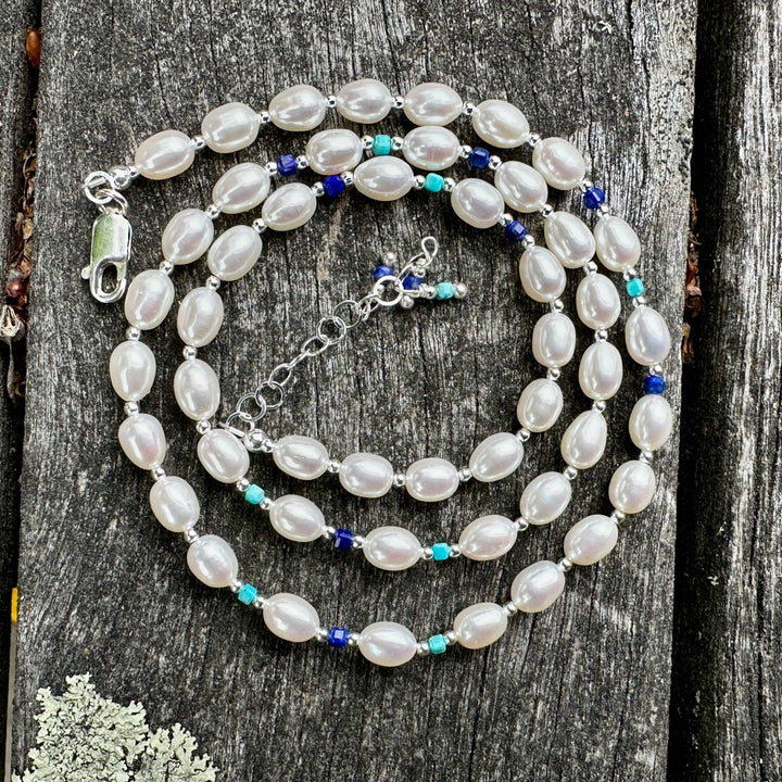 White rice pearl necklace with turquoise & lapis lazuli