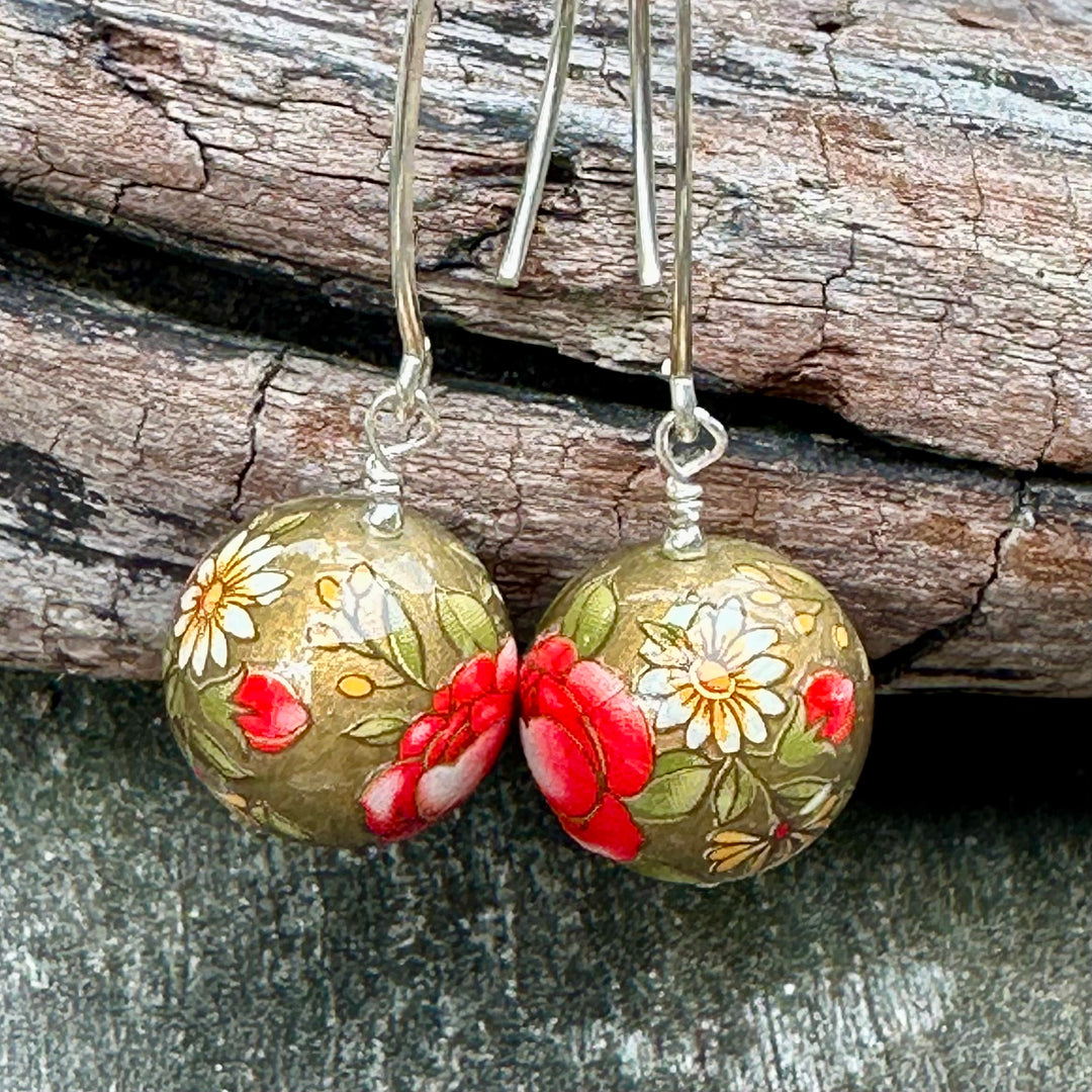 Large red flower Japanese decal earrings