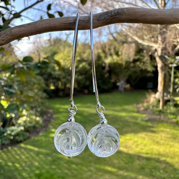 Carved rock crystal rose earrings