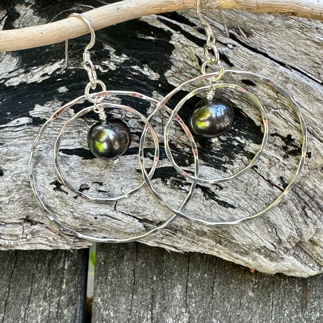 Peacock freshwater pearls in double hoop earrings
