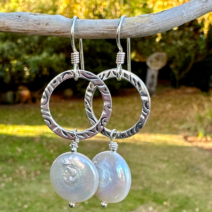 White freshwater coin pearl earrings