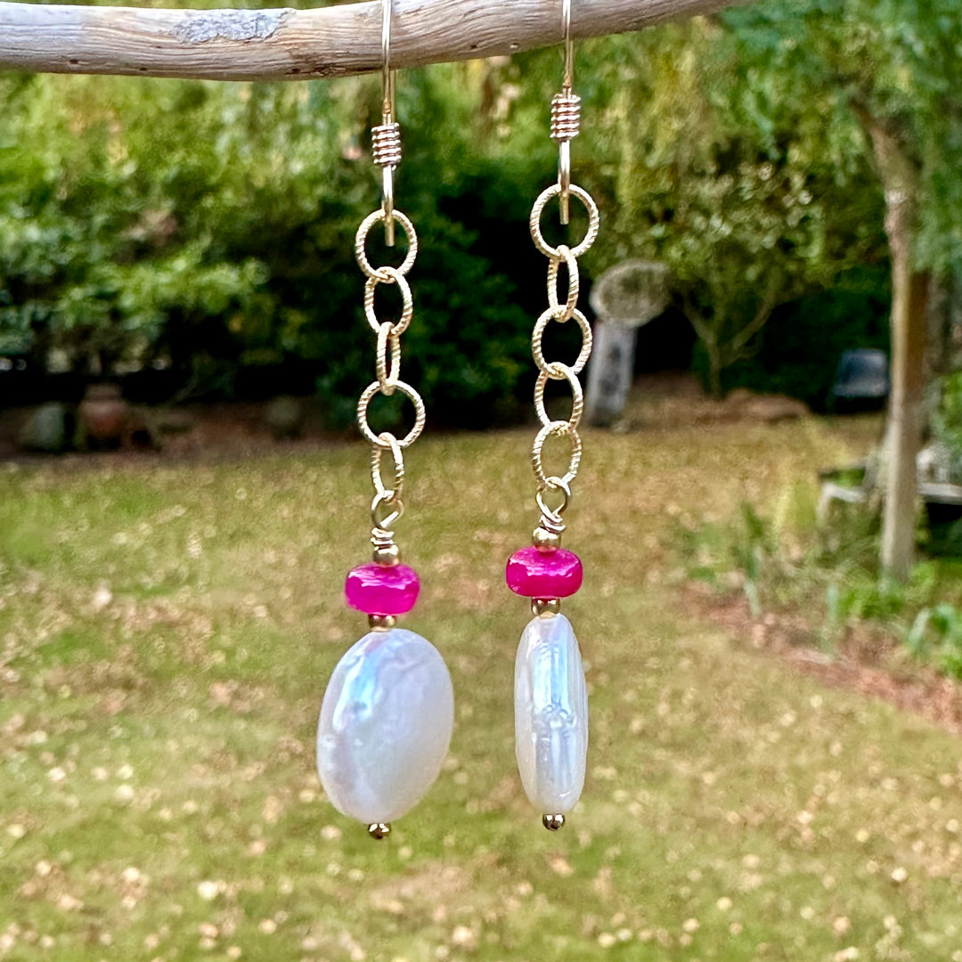 White coin pearl and ruby earrings