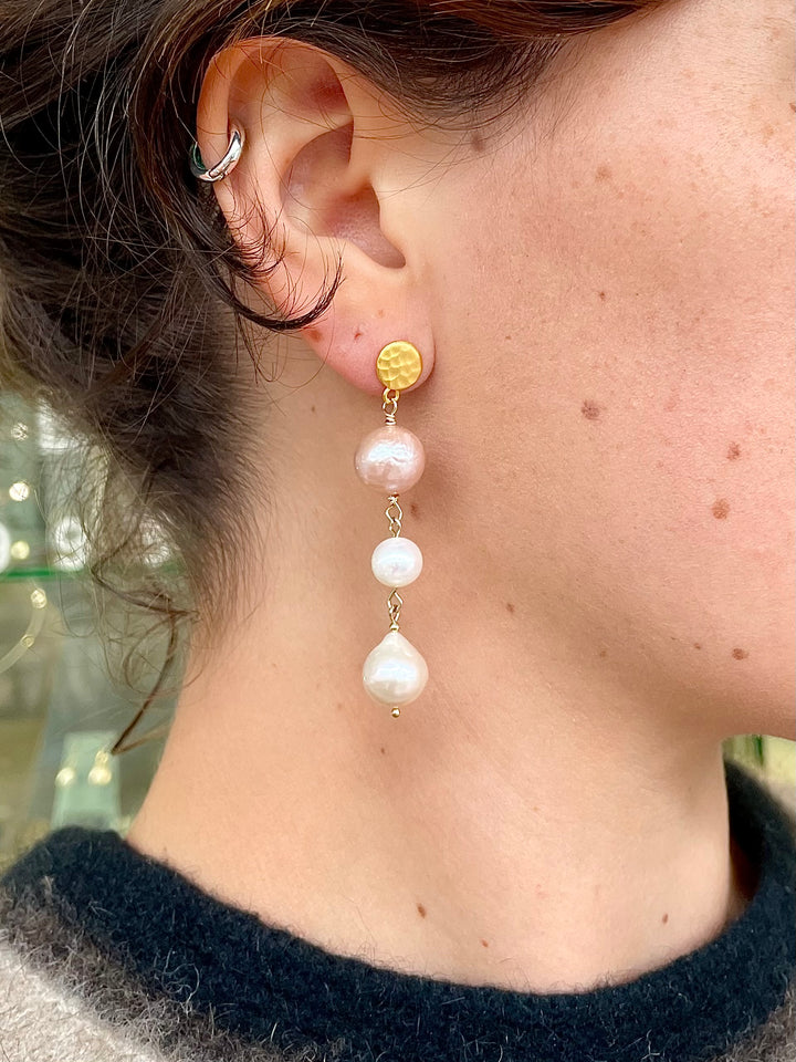 3 tier pink freshwater pearl earrings