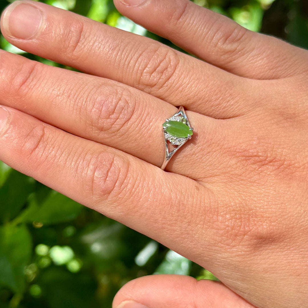 9ct White gold Marquise pounamu & diamond ring