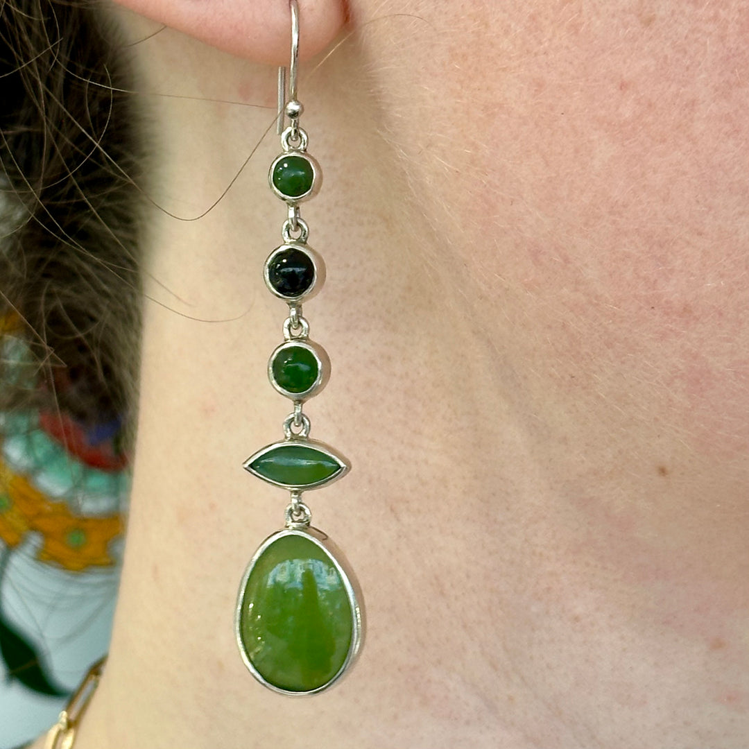 Sterling silver New Zealand greenstone and black onyx earrings