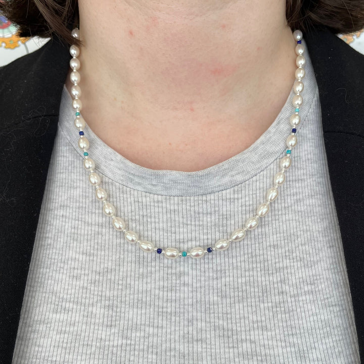 White rice pearl necklace with turquoise & lapis lazuli