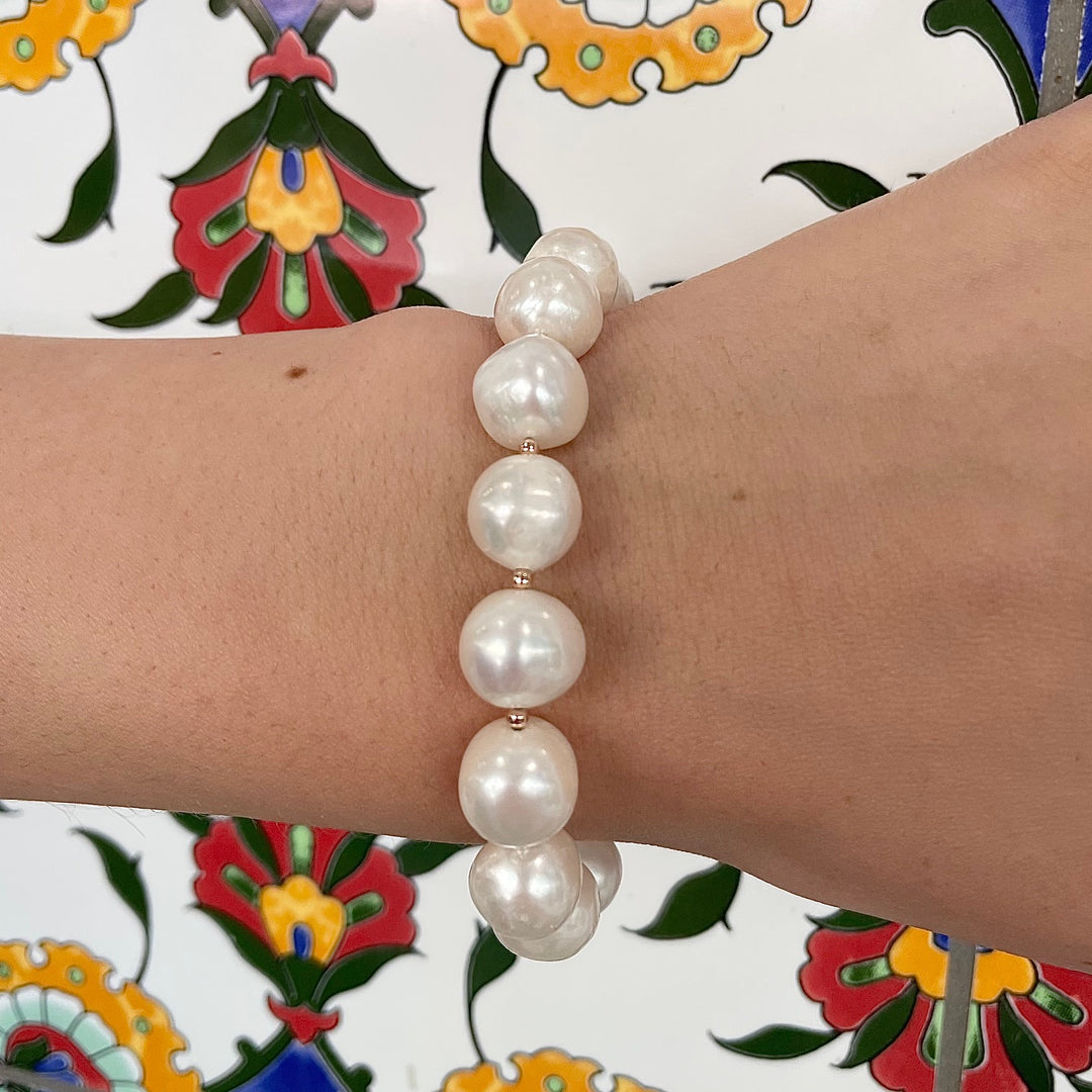 Large white freshwater pearl and rose gold fill bracelet