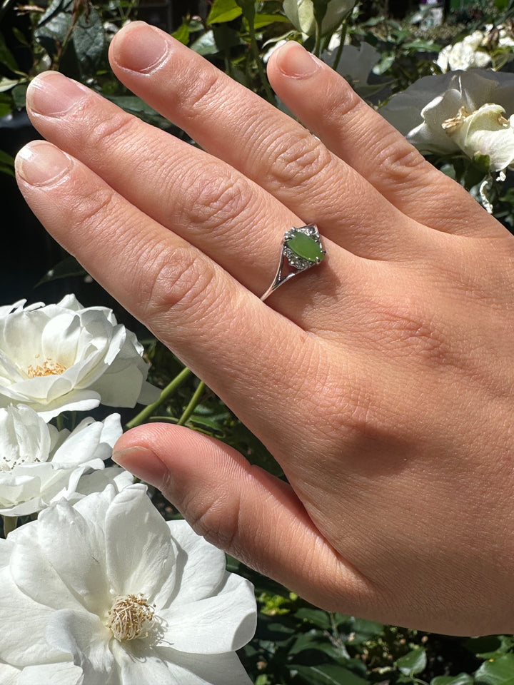 9ct White gold Marquise pounamu & diamond ring