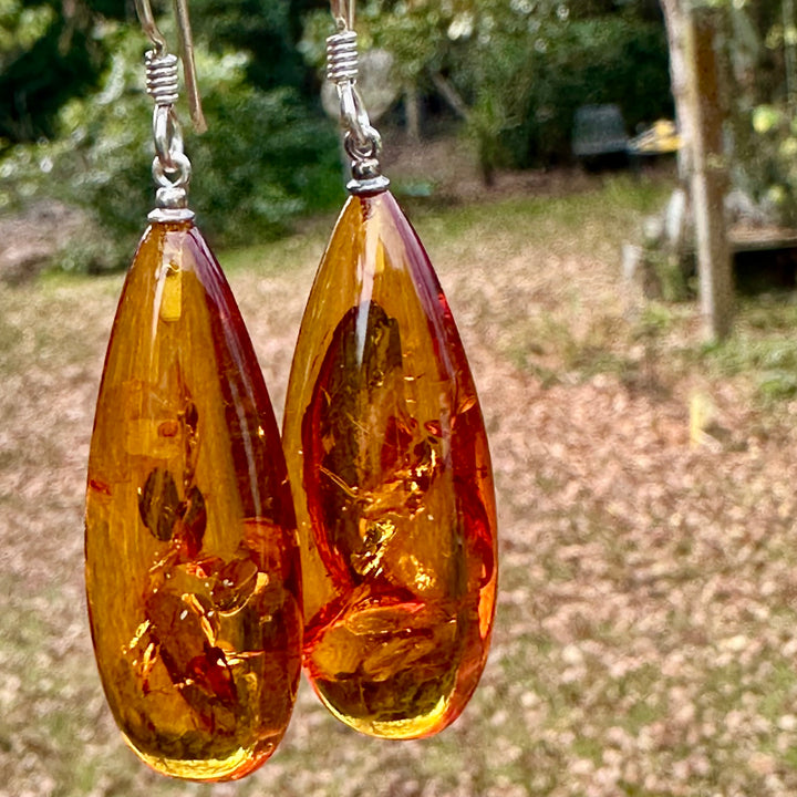 Cognac colour Baltic amber drop earrings