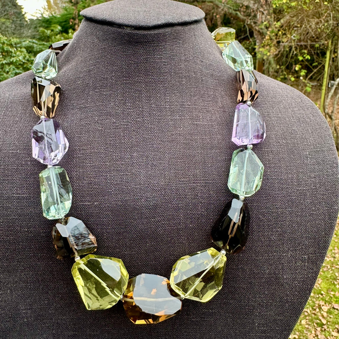 Amethyst, smoky quartz prasiolite chunk necklace